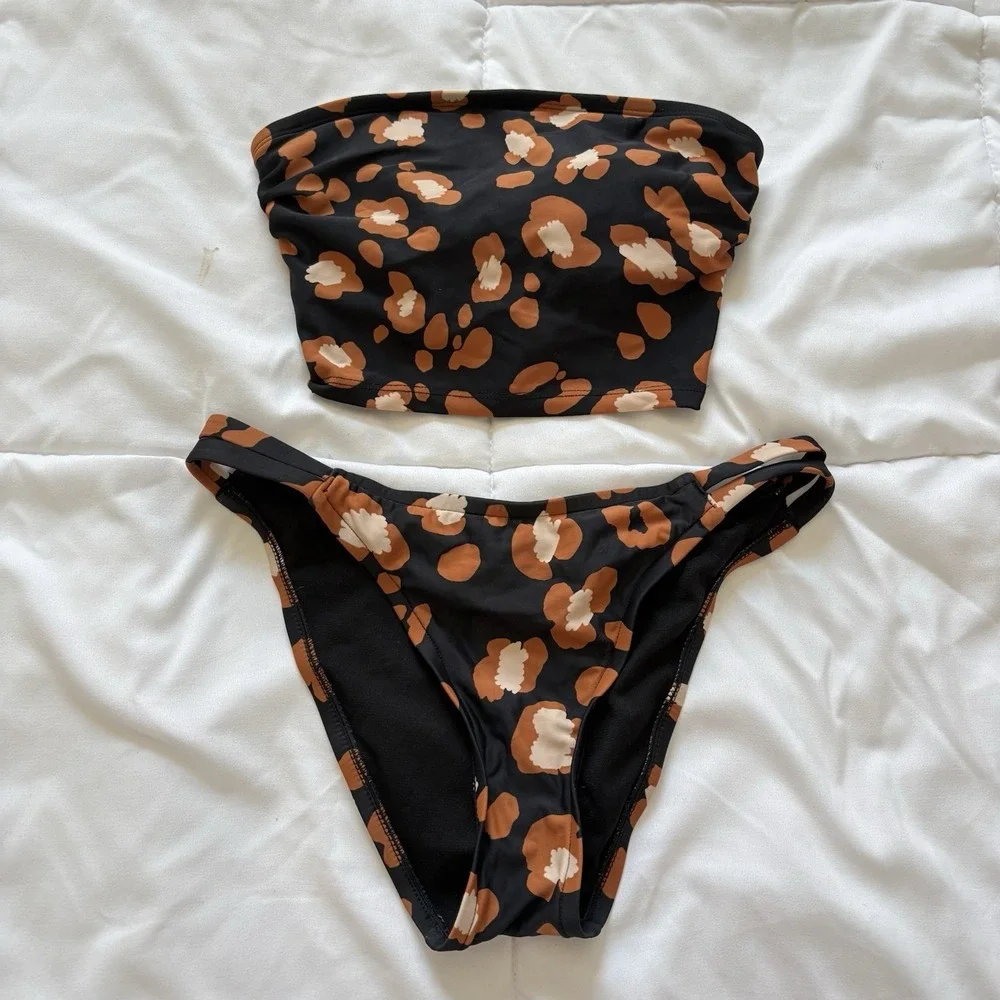 Shade & Shore Bikini Top Bandeau Womens Small Bottoms‎ Cheeky Cheetah Beach